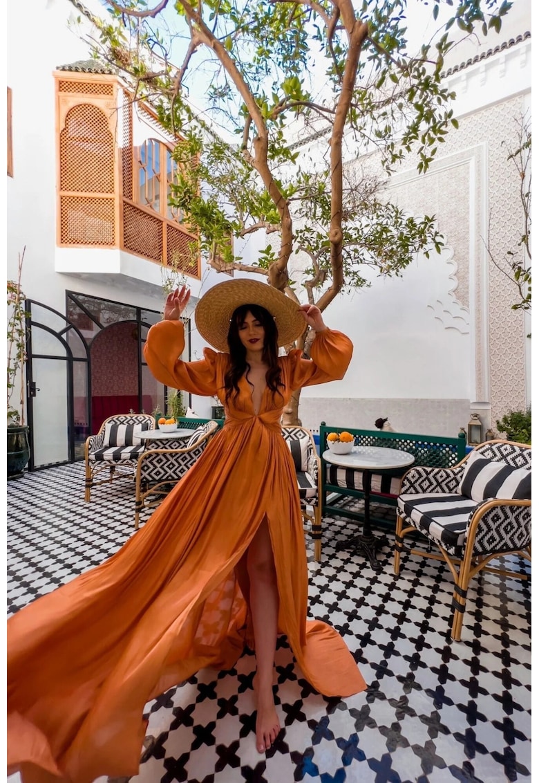 Rochie maxi cu slit pe picior si decolteu adanc - Portocaliu