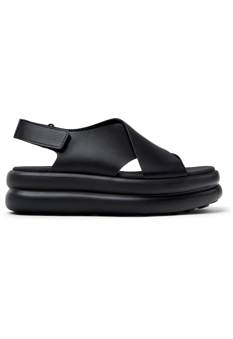 Sandale din piele cu talpa flatform si segment cu inchidere velcro - Negru
