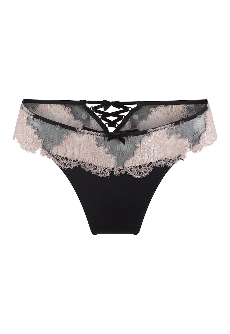 Chiloti tanga cu dantela si funde decorative - Negru
