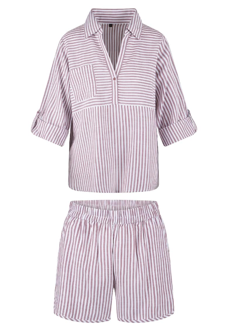 Pijama cu model in dungi si pantaloni scurti - Alb/Lila