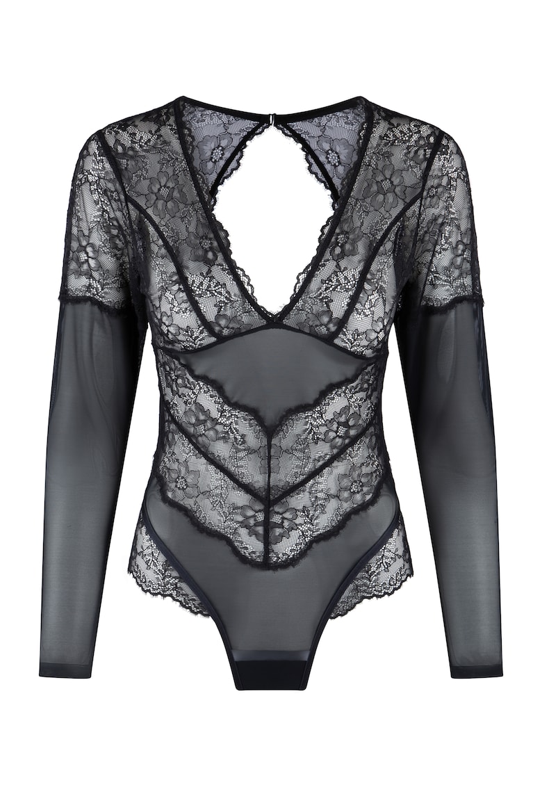 Body de dantela cu maneci lungi - Negru