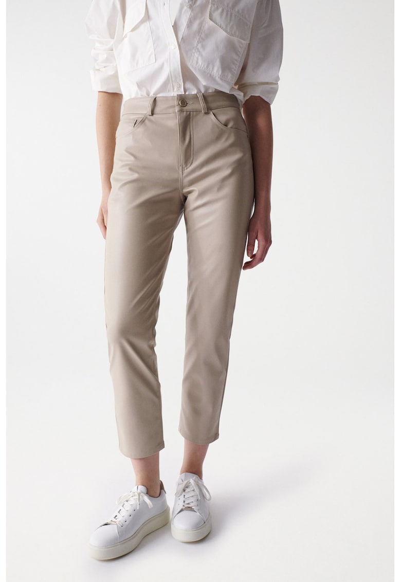 Pantaloni crop din piele ecologica - Maro taupe deschis