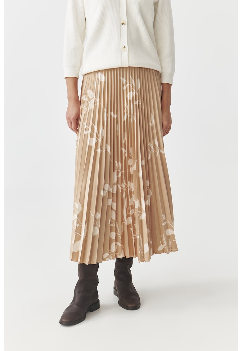 Fusta plisata cu model Mirama - Maro nisip/Alb murdar