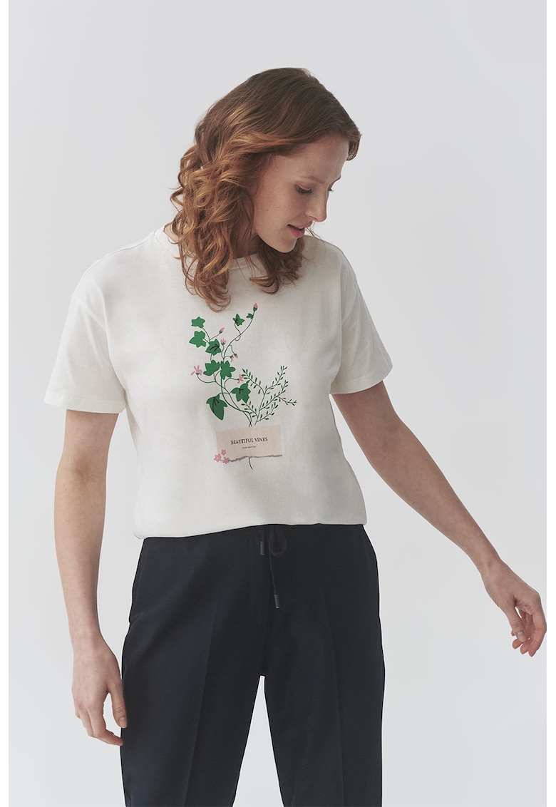 Tricou cu decolteu la baza gatului si imprimeu - Verde/Alb murdar/Roz pal