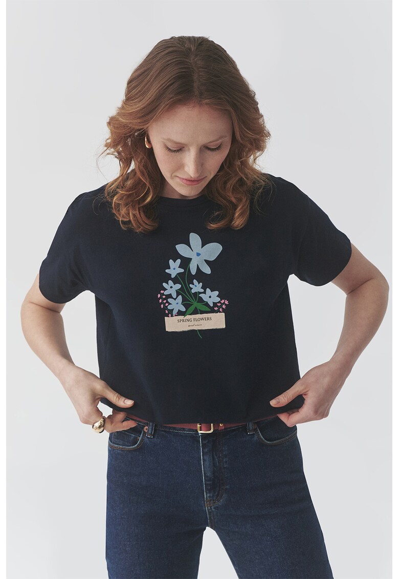 Tricou cu decolteu la baza gatului si imprimeu - Negru/Verde pal/Albastru