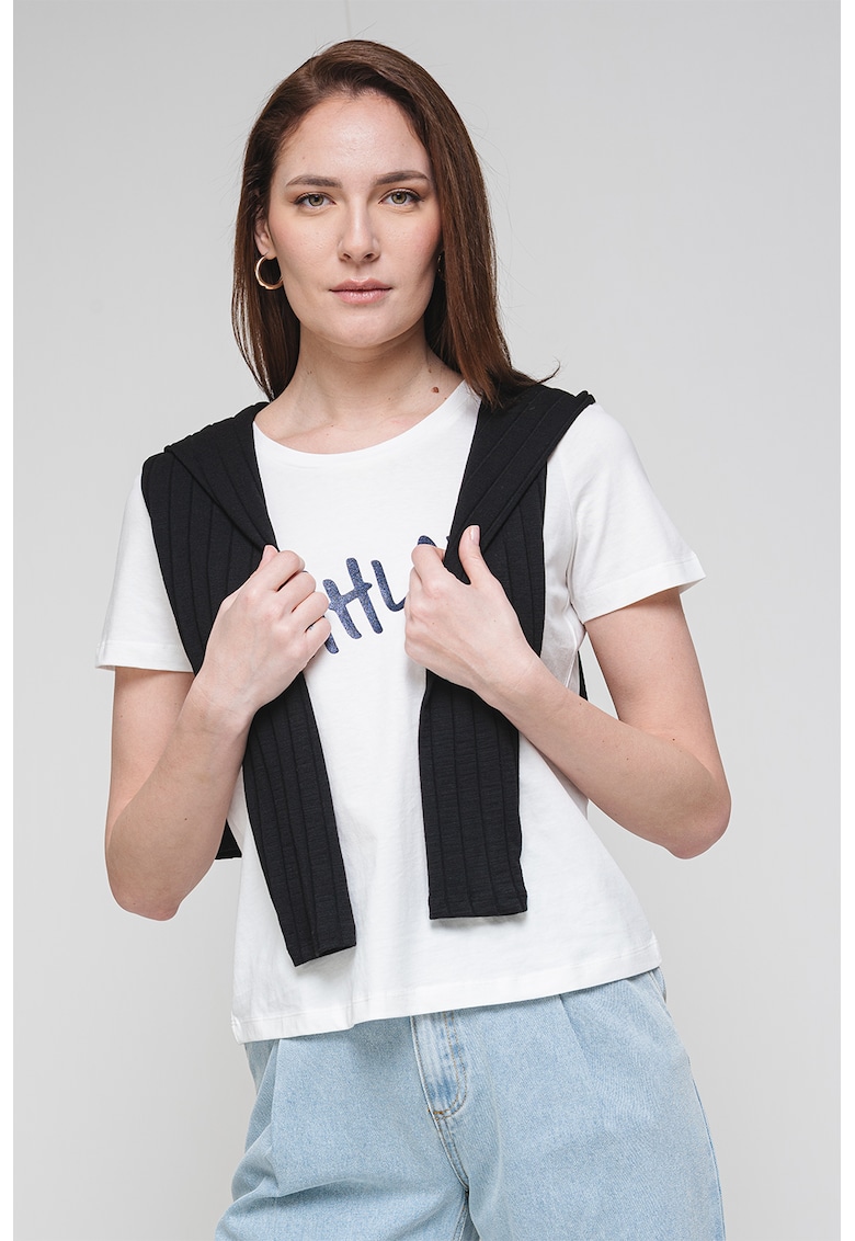 Tricou de bumbac organic cu decolteu rotund - Alb optic/Bleumarin