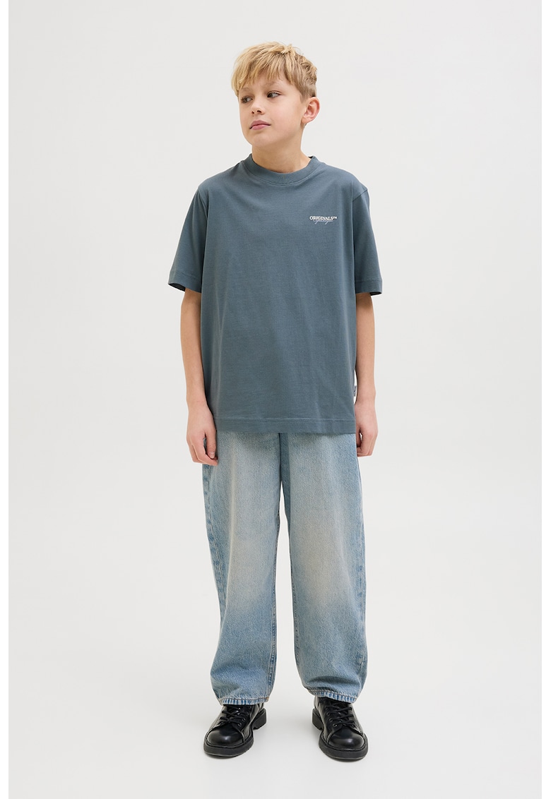 Tricou de bumbac cu imprimeu text - Albastru prafuit/Crem