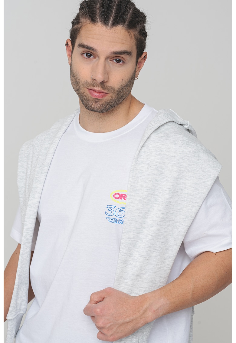 Tricou cu decolteu la baza gatului si imprimeu - Alb/Verde electric/Albastru