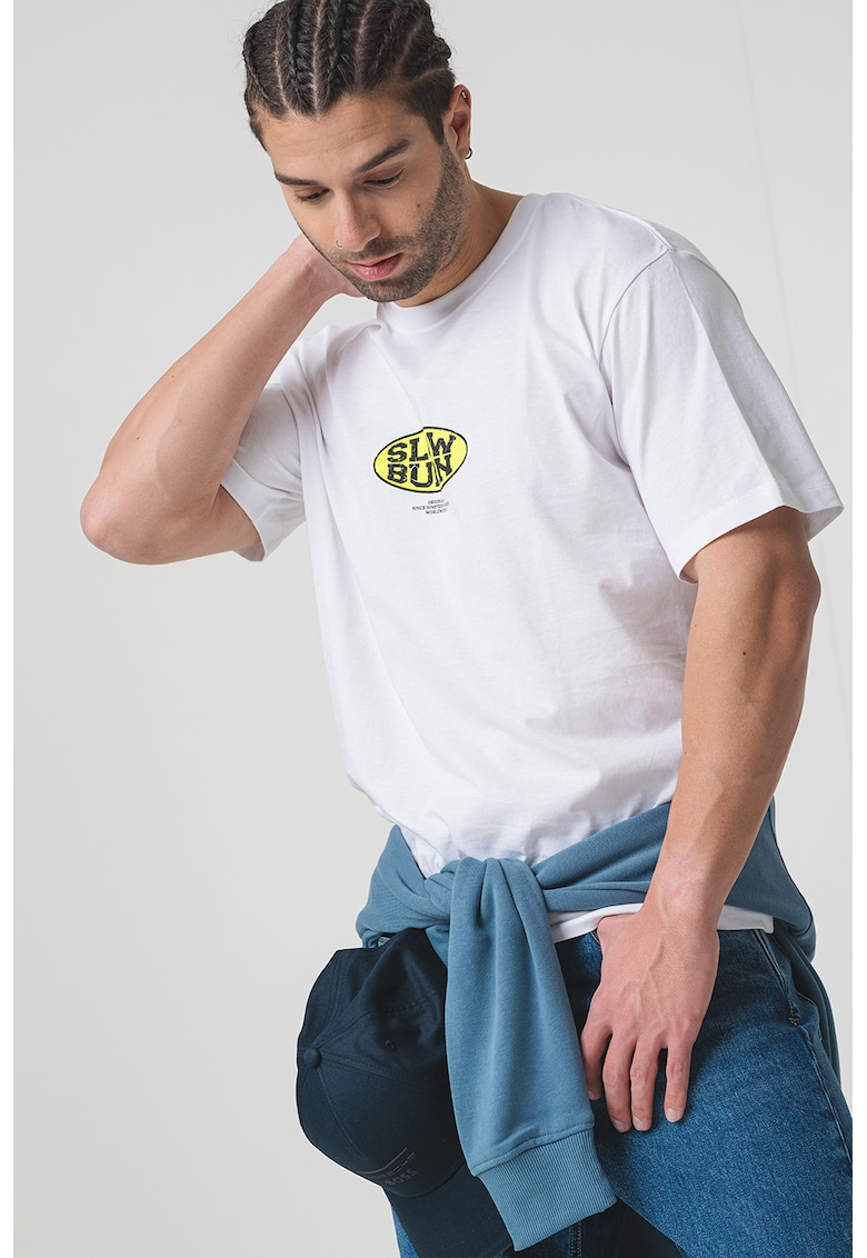 Tricou cu decolteu la baza gatului si imprimeu - Alb/Verde electric