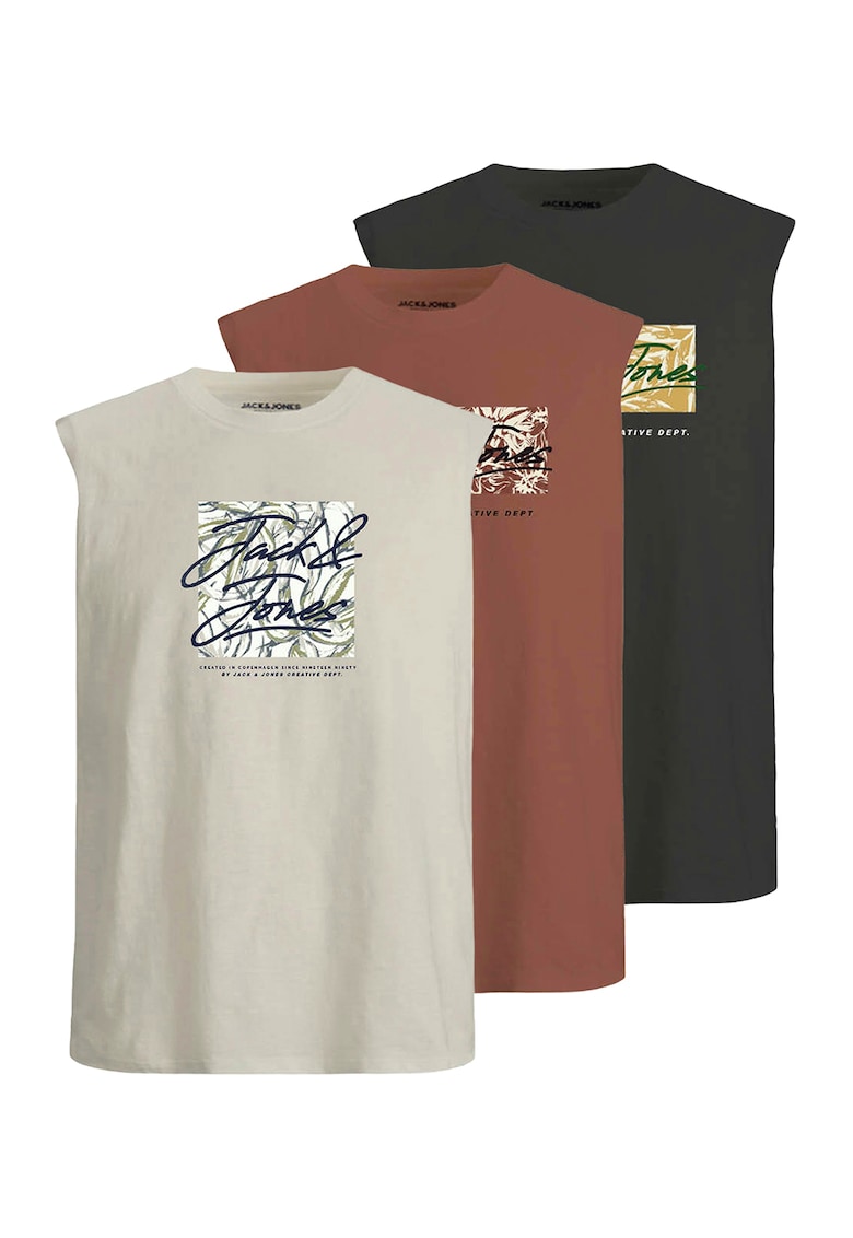 Set de top-uri cu imprimeu logo si decolteu la baza gatului - 3 piese