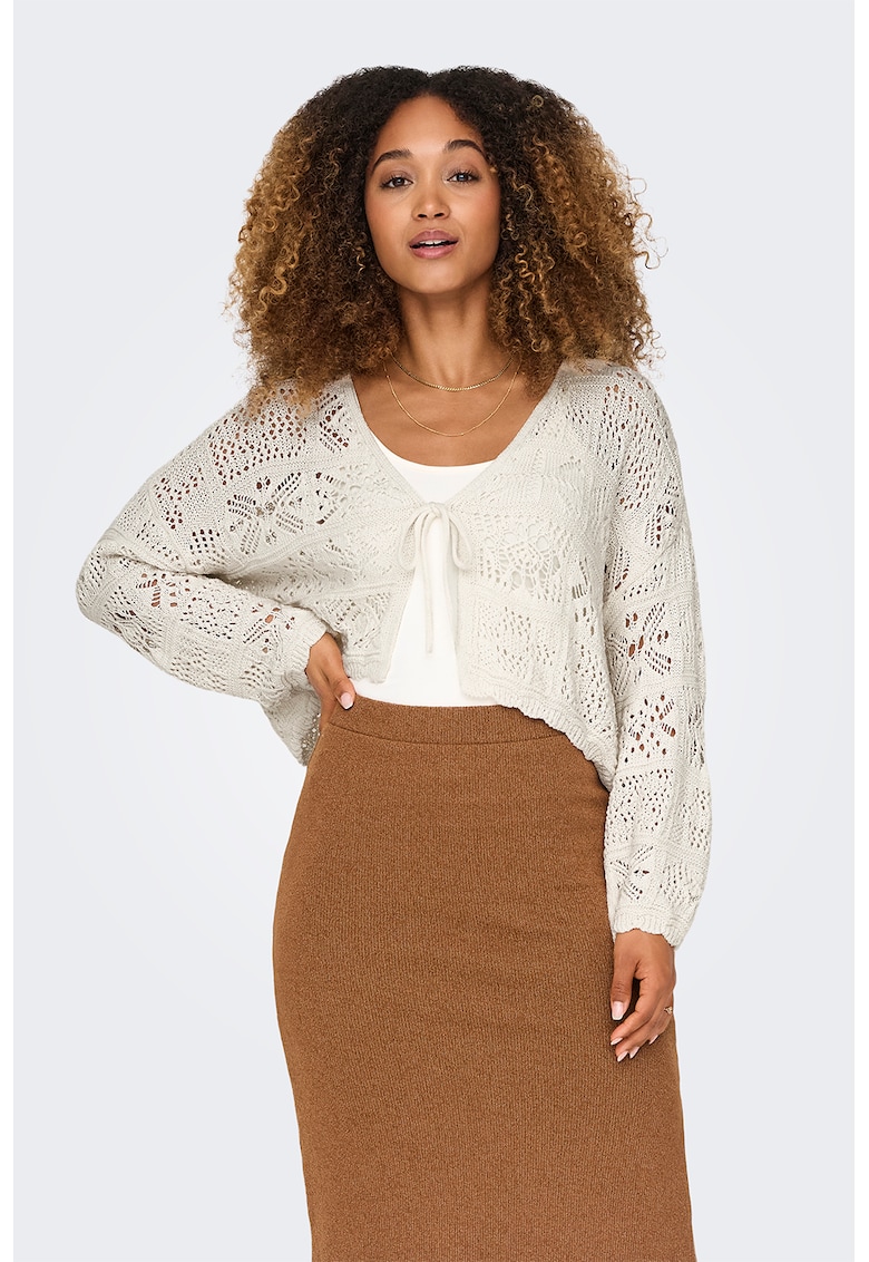 Cardigan tricotat cu insertii de bumbac - Alb fildes