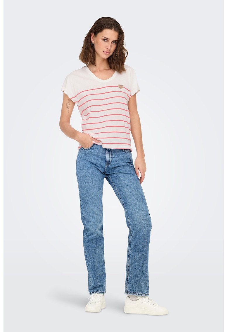 Tricou de bumbac organic cu model in dungi si decolteu rotund