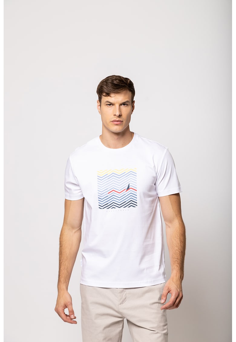 Tricou din bumbac cu decolteu la baza gatului si imprimeu