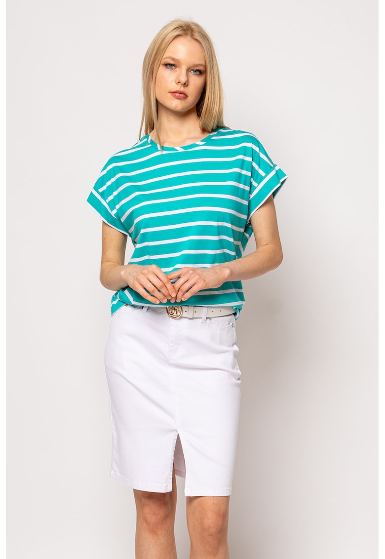 Tricou din amestec de bumbac si modal in dungi Millie - Alb/Turcoaz