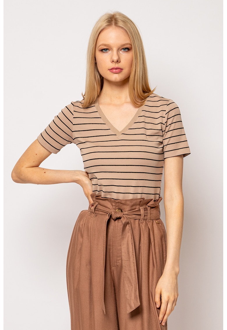 Tricou din amestec de modal cu decolteu in V si model in dungi Mistry