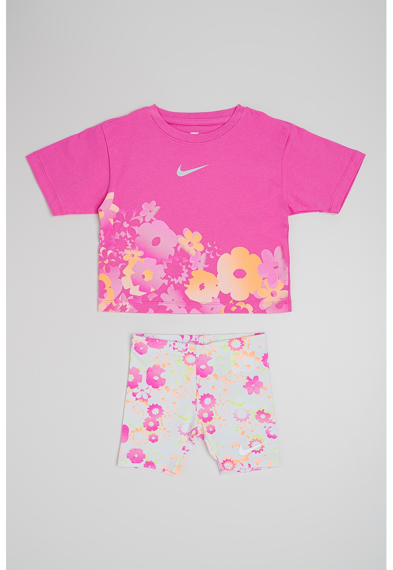 Set de colantii scurti si tricou cu model floral - 2 piese