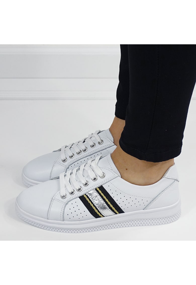 Sneakersi albi cu detalii argintii din piele naturala 5088 M7 16498