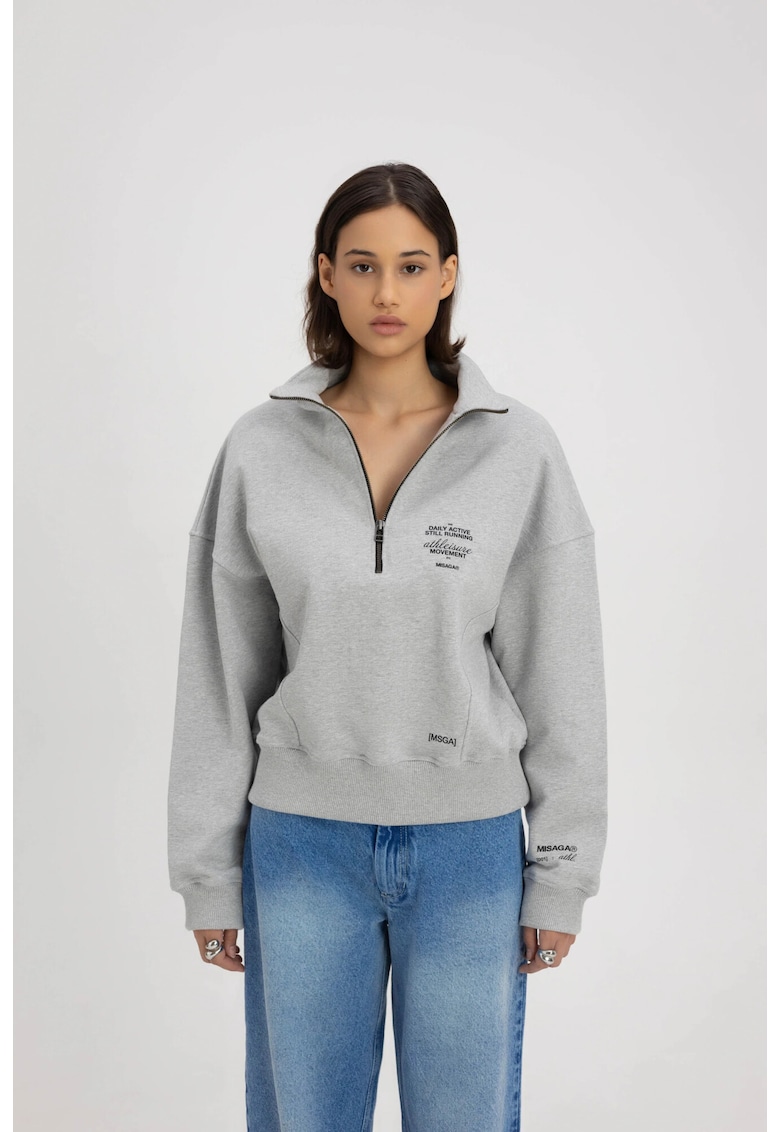 Bluzon larg cu fenta cu fermoar si maneci cazute - Gri