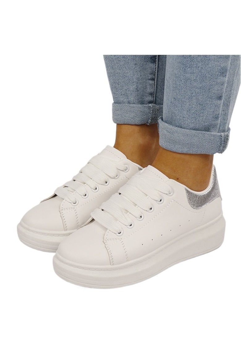 Sneakers albi/argintii cu talpa groasa M-8826 M7 Alb