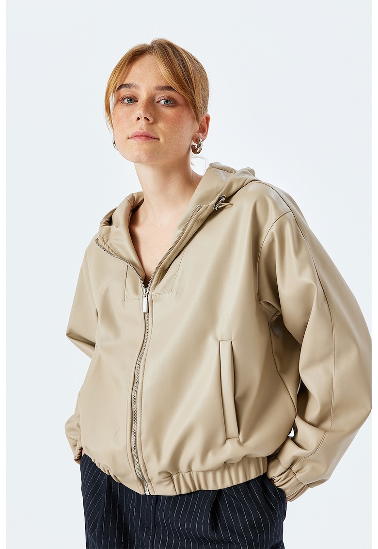 Jacheta din denim cu maneci cazute si gluga