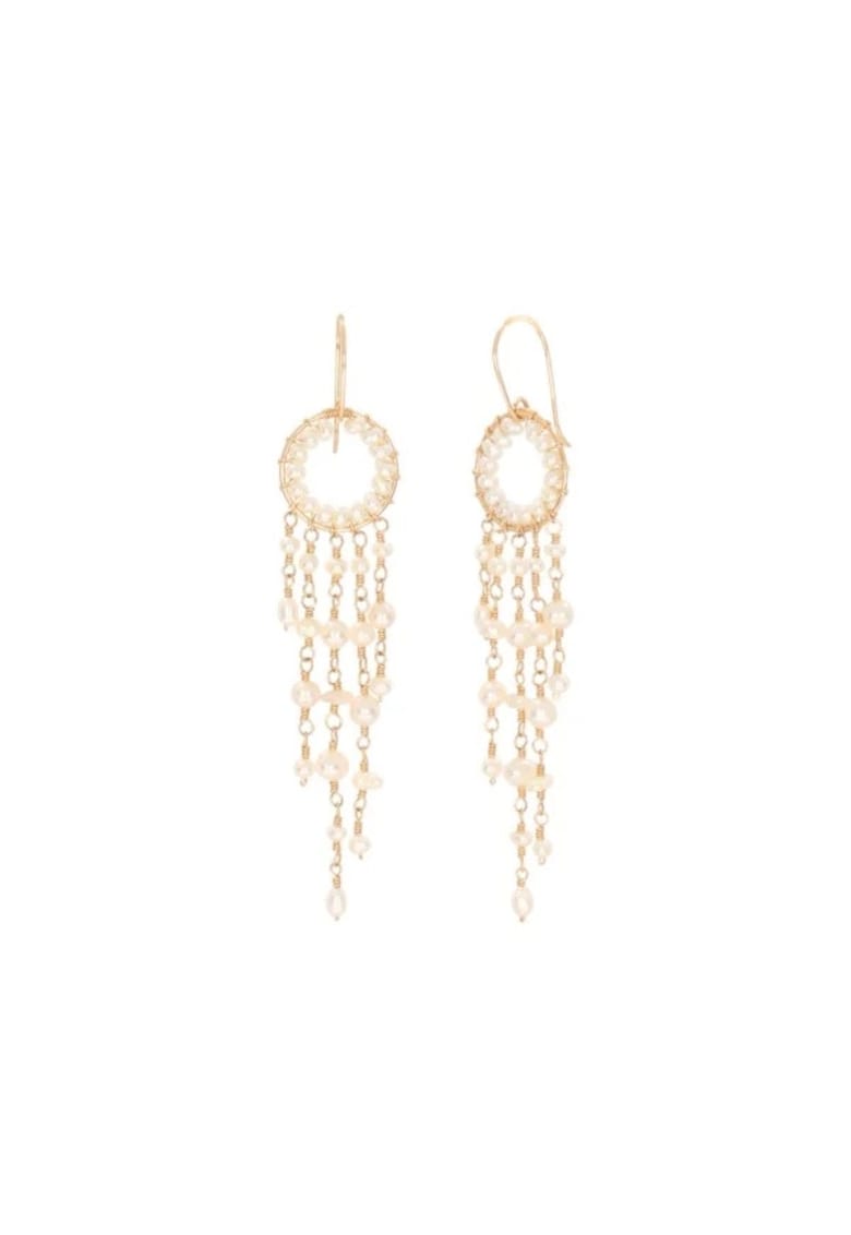 Cercei  Pearls Fall - lungi - cu perle de cultura albe si aur filat de 14k/20