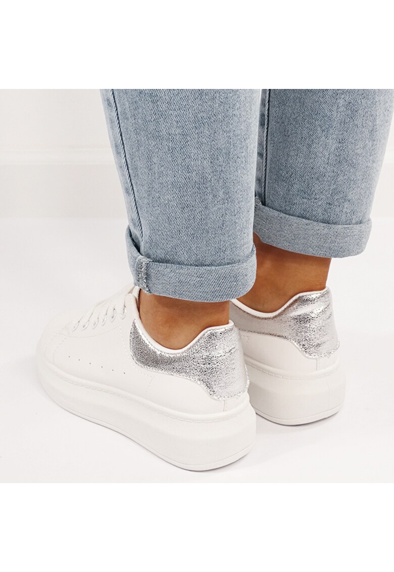 Sneakers albi/argintii cu talpa groasa - Alb