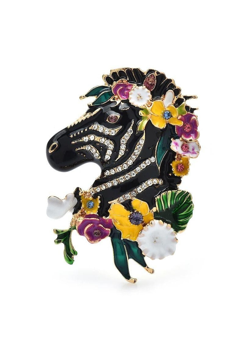 Brosa aurie - forma de cap de zebra - cu flori si pietre - Agusta C2