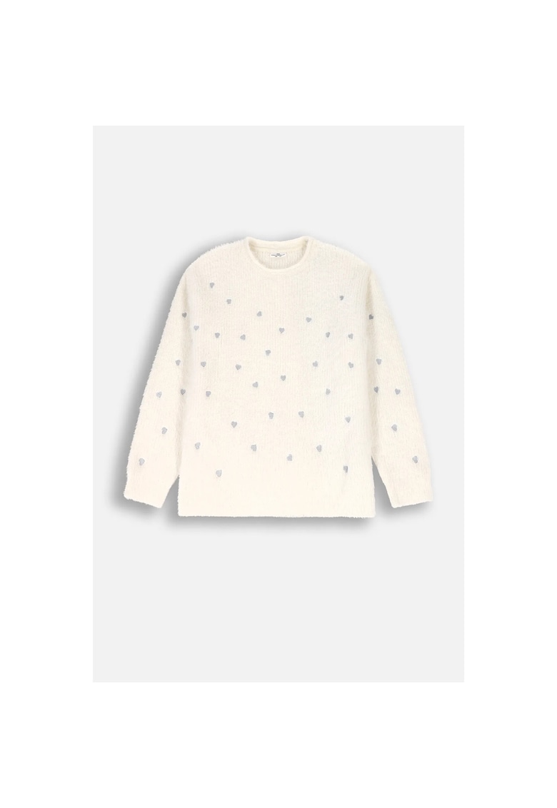 Pulover tricotat cu inimioare brodate - Ecru -