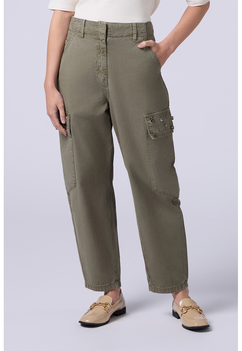 Pantaloni cargo cu strasuri si talie inalta - Kaki