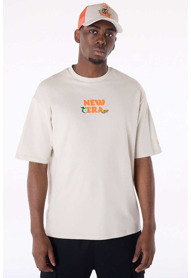 Tricou cu decolteu la baza gatului si imprimeu - Portocaliu/Bej