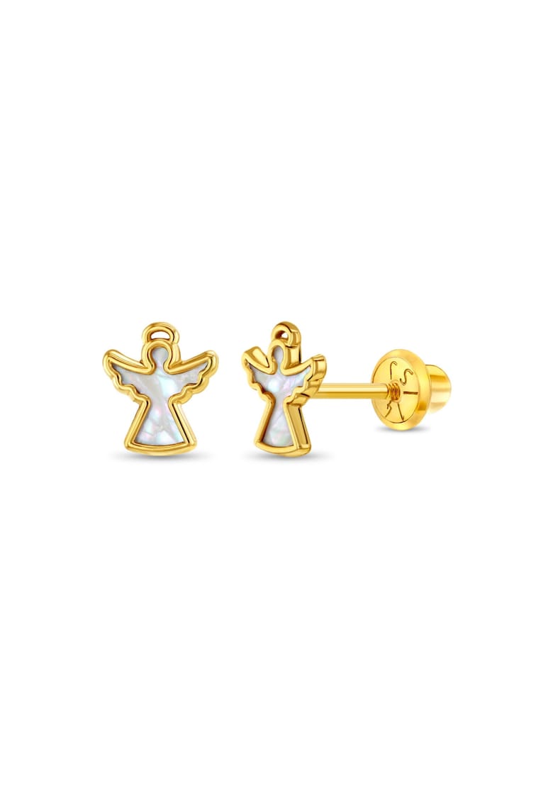 Cercei din Aur 14K pentru Copii - model Inger cu Inima din Sidef de Perla - inchidere cu Filet si Protectie
