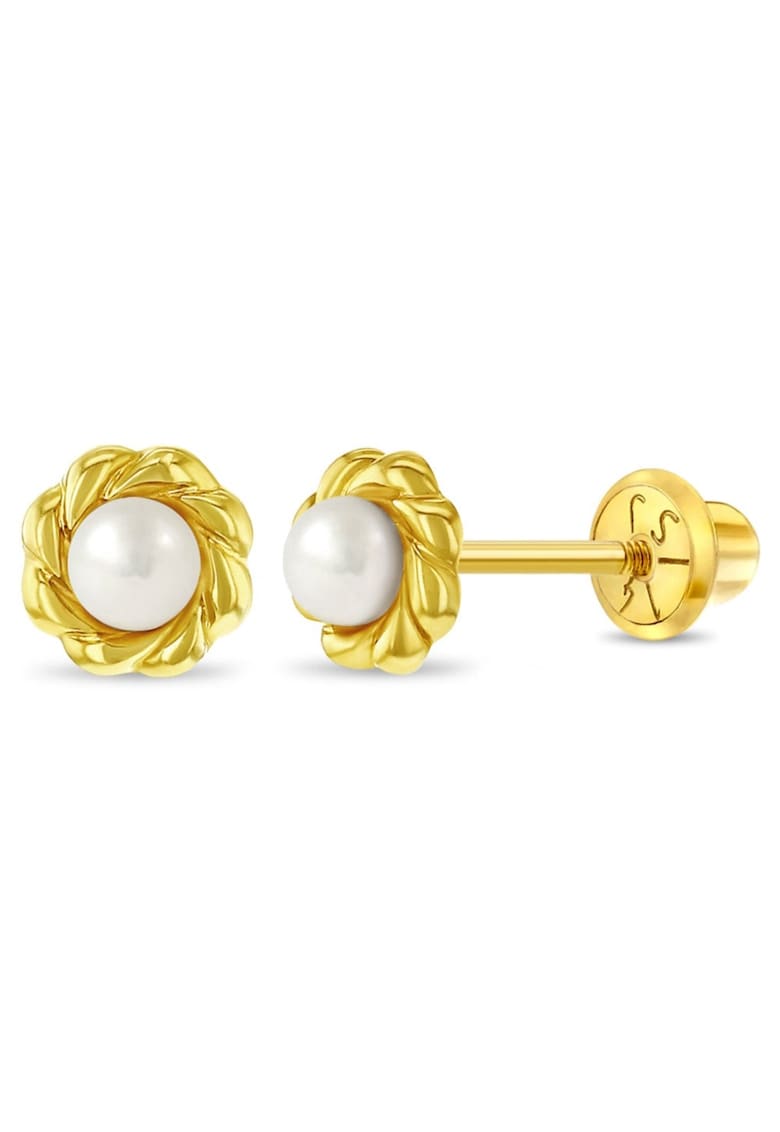 Cercei din Aur 14K pentru Copii si Bebelusi - model Clasic cu Perla de Cultura 3 mm in Montura Impletita - inchidere cu Filet si Protectie