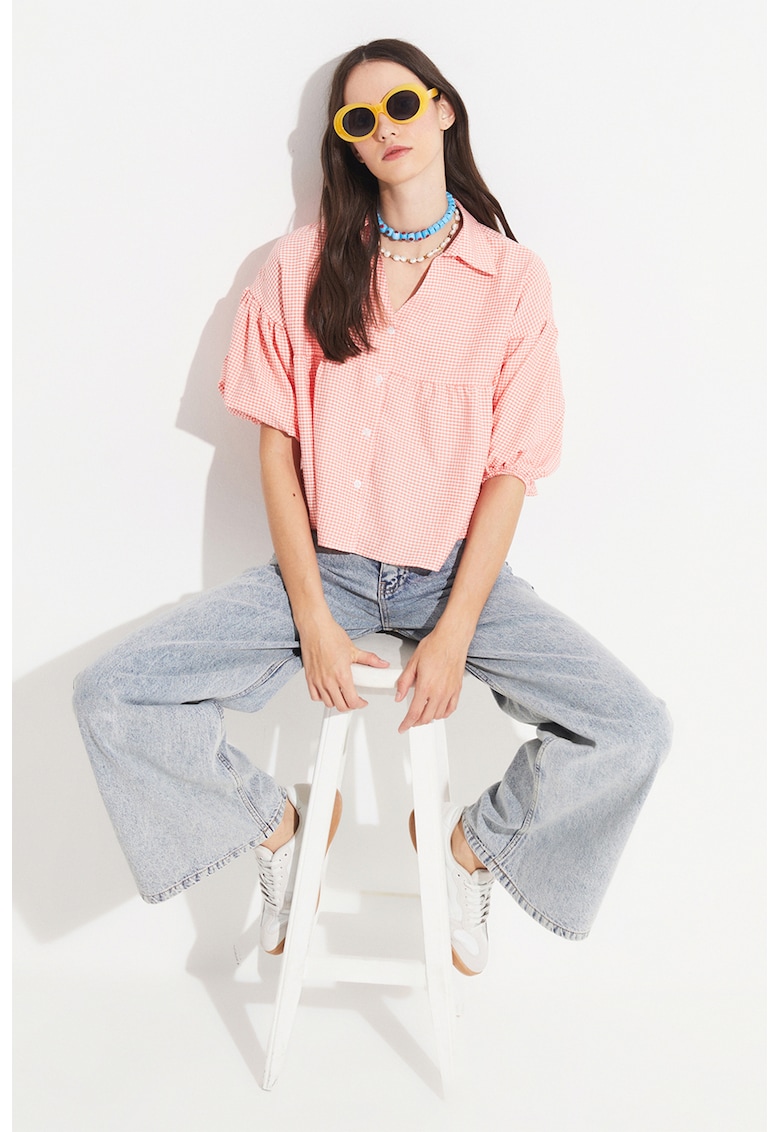 Camasa cu model in carouri si maneci bufante