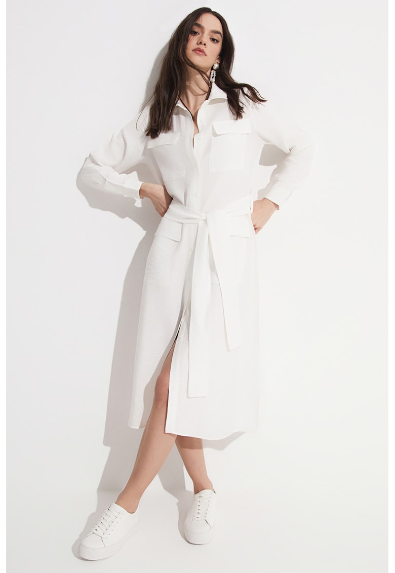Rochie-camasa cu cordon in talie - Alb optic