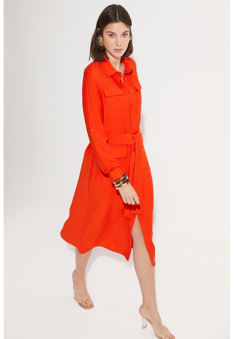 Rochie-camasa cu cordon in talie - Rosu vermillion