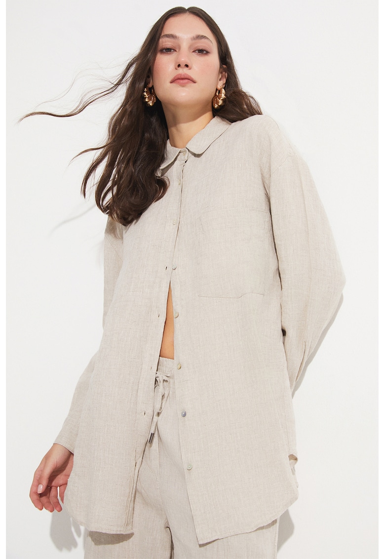 Camasa din amestec de in cu buzunar pe piept