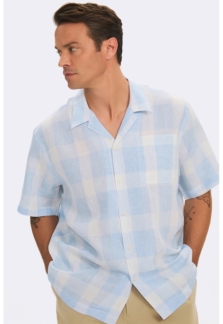 Camasa supradimensionata cu imprimeu in carouri si maneci scurte