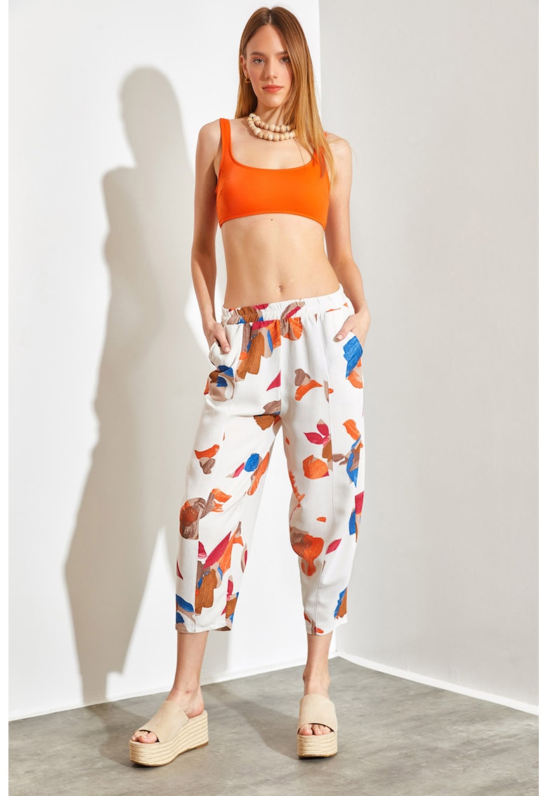 Pantaloni din amestec de bumbac cu model tropical