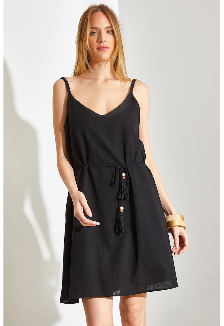 Rochie din in cu bretele inguste si detaliu tricotat