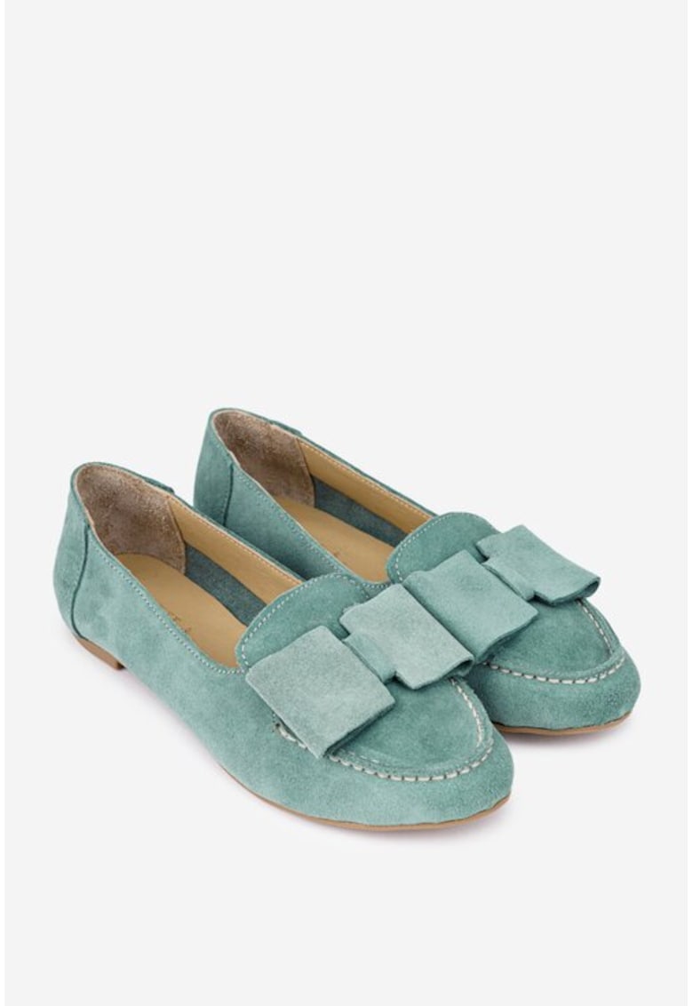 Mocasini dama din piele intoarsa verde menta cu funda