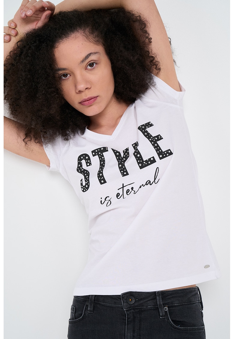 Tricou cu decolteu rotund si text - Alb/Negru