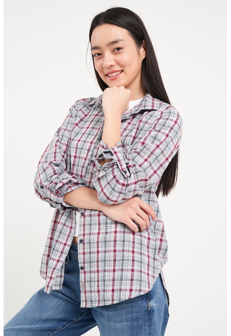 Camasa lejera cu buzunar pe piept si model in carouri - Rosu/Maro taupe deschis/Albastru