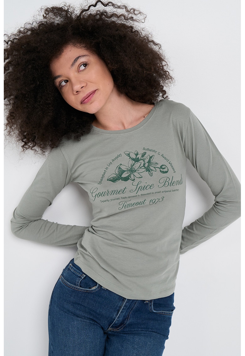 Bluza cu imprimeu floral si text - Verde sparanghel