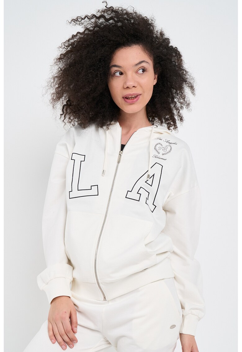 Hanorac cu fermoar si text - Negru/Alb murdar