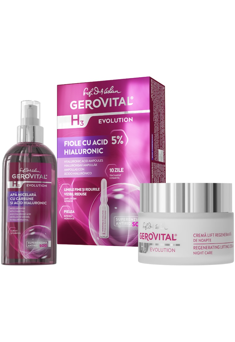 Pachet cadou  H3 Evolution: Apa micelara cu carbune si Acid Hialuronic - 150 ml + Fiole cu Acid Hialuronic 5% - 10 fiole x 2 ml + Crema Lift regeneranta de noapte - 50 ml