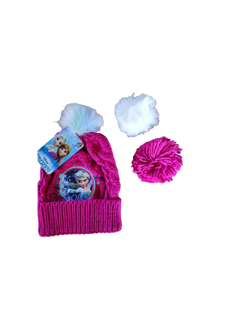 Caciula de iarna pentru fetite - Kraina Lodu - roz - 52 - cu pompon schimbabil