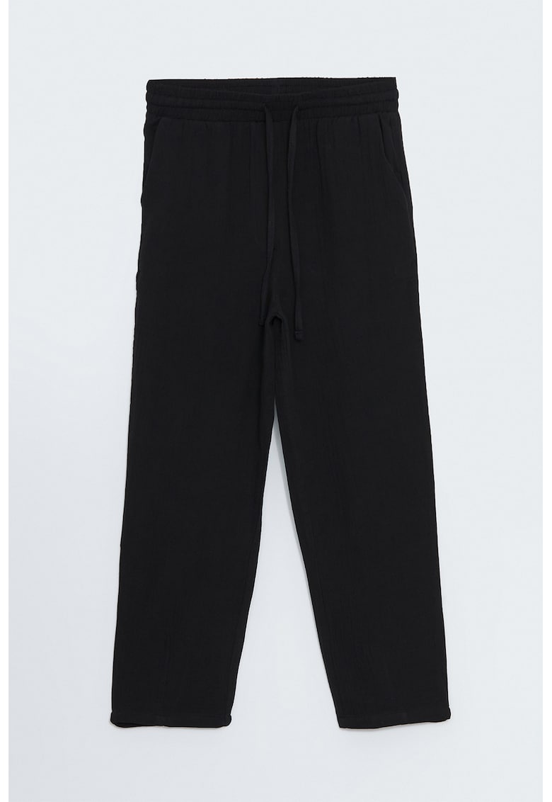 Pantaloni crop cu snur de ajustare si croiala dreapta