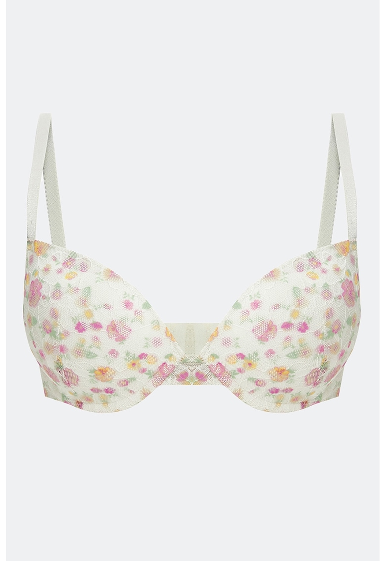 Sutien triunghiular cu model floral - Alb fildes/Roz