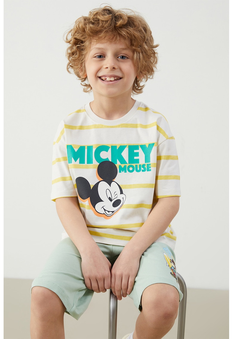Tricou cu model in dungi si imprimeu cu Mickey Mouse
