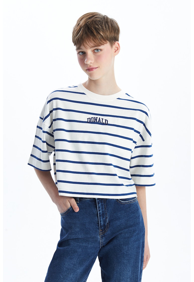 Tricou lejer crop cu imprimeu desene animate - Galben/Albastru inchis/Alb optic